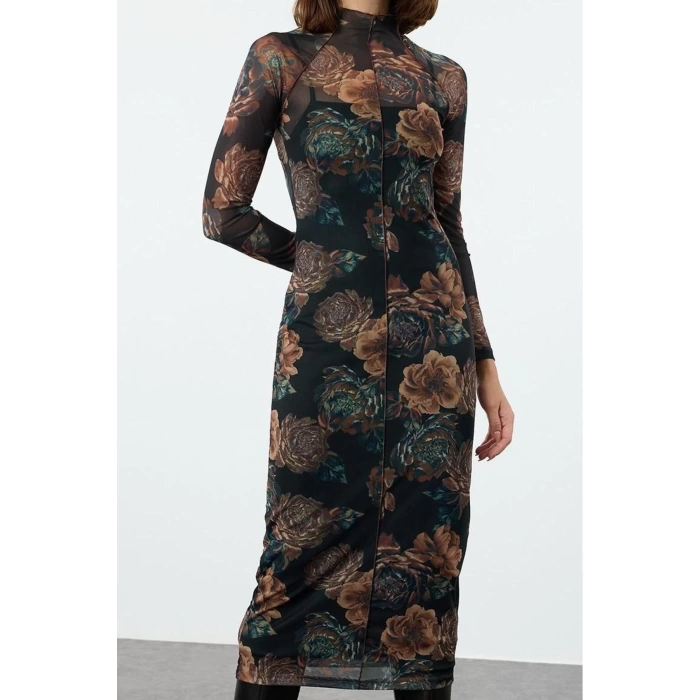 Women Fashion Stylish Maxi Length Stand Collar Slim Floral Ribbed Tulle Detailed Fitted Bodycon Knitted Dress