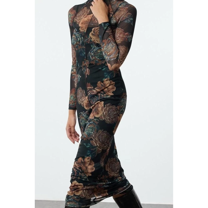 Women Fashion Stylish Maxi Length Stand Collar Slim Floral Ribbed Tulle Detailed Fitted Bodycon Knitted Dress