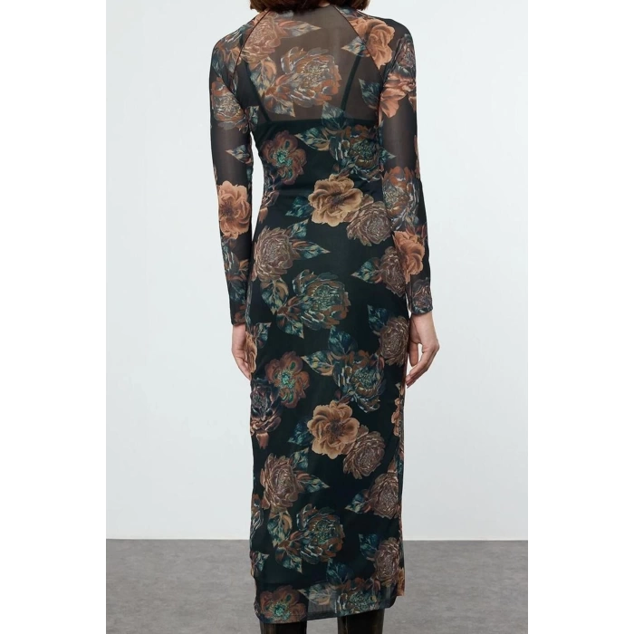 Women Fashion Stylish Maxi Length Stand Collar Slim Floral Ribbed Tulle Detailed Fitted Bodycon Knitted Dress