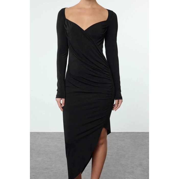 Women Fashion Chic Midi Length Sweetheart Neck Slim Plain Gather Draped Asymmetric Fitted Bodycon Knitted Dress
