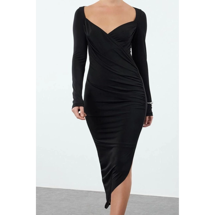 Women Fashion Chic Midi Length Sweetheart Neck Slim Plain Gather Draped Asymmetric Fitted Bodycon Knitted Dress