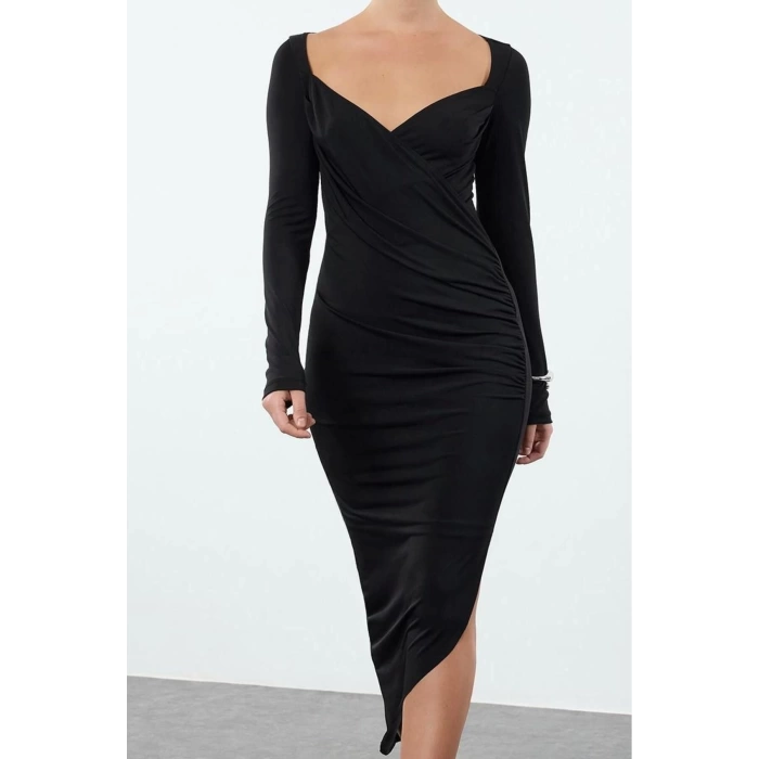 Women Fashion Chic Midi Length Sweetheart Neck Slim Plain Gather Draped Asymmetric Fitted Bodycon Knitted Dress