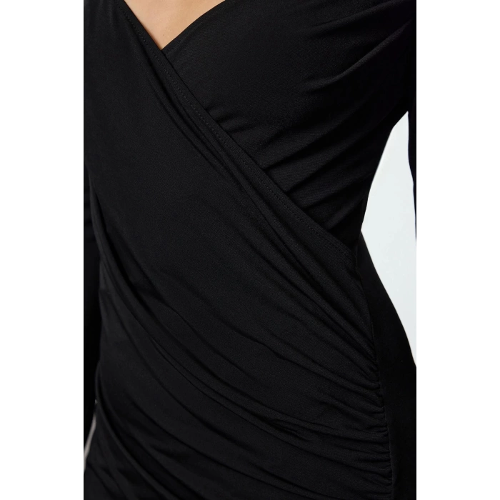 Women Fashion Chic Midi Length Sweetheart Neck Slim Plain Gather Draped Asymmetric Fitted Bodycon Knitted Dress