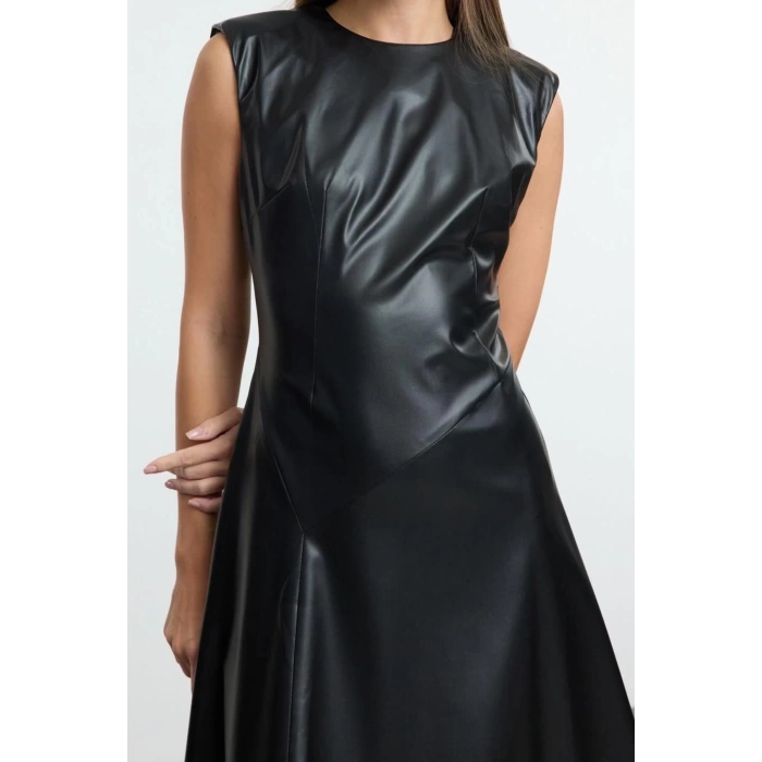 Women Fashion Stylish Midi Length Crew Neck Regular A Cut Sleeveless Faux Leather Woven Dress