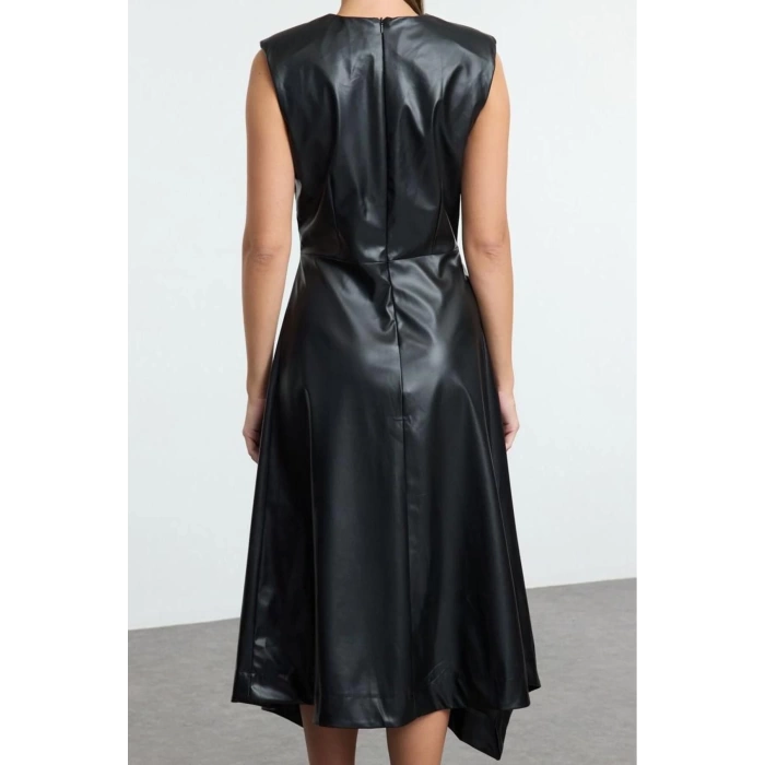 Women Fashion Stylish Midi Length Crew Neck Regular A Cut Sleeveless Faux Leather Woven Dress