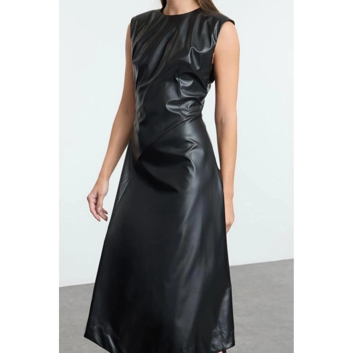 Women Fashion Stylish Midi Length Crew Neck Regular A Cut Sleeveless Faux Leather Woven Dress