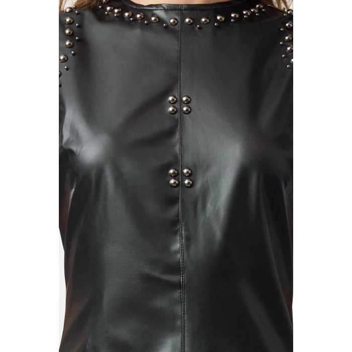 Women Fashion Stylish Mini Length Crew Neck Regular Faux Leather Trouser Fitted Body-Styling Woven Dress