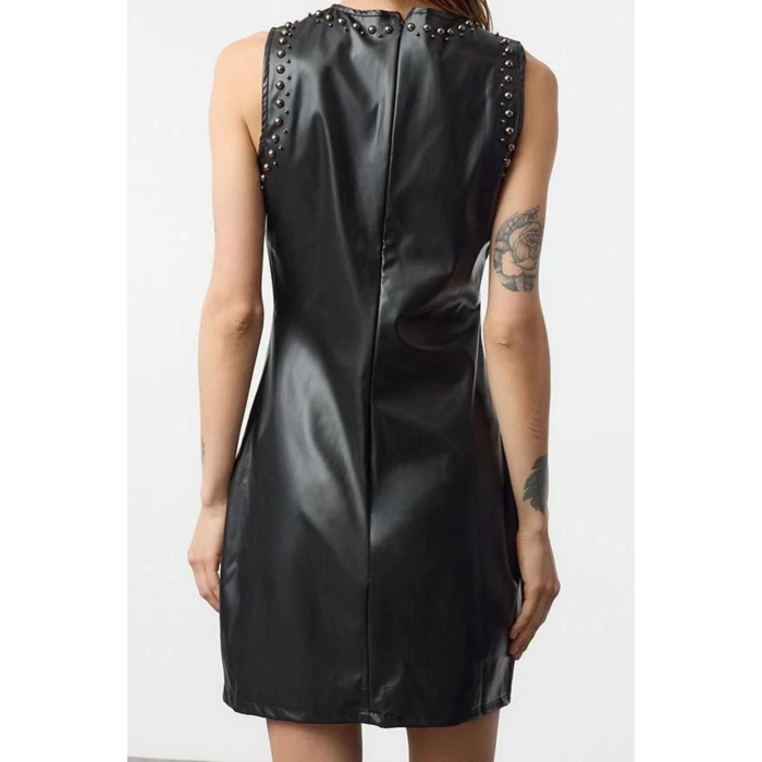 Women Fashion Stylish Mini Length Crew Neck Regular Faux Leather Trouser Fitted Body-Styling Woven Dress