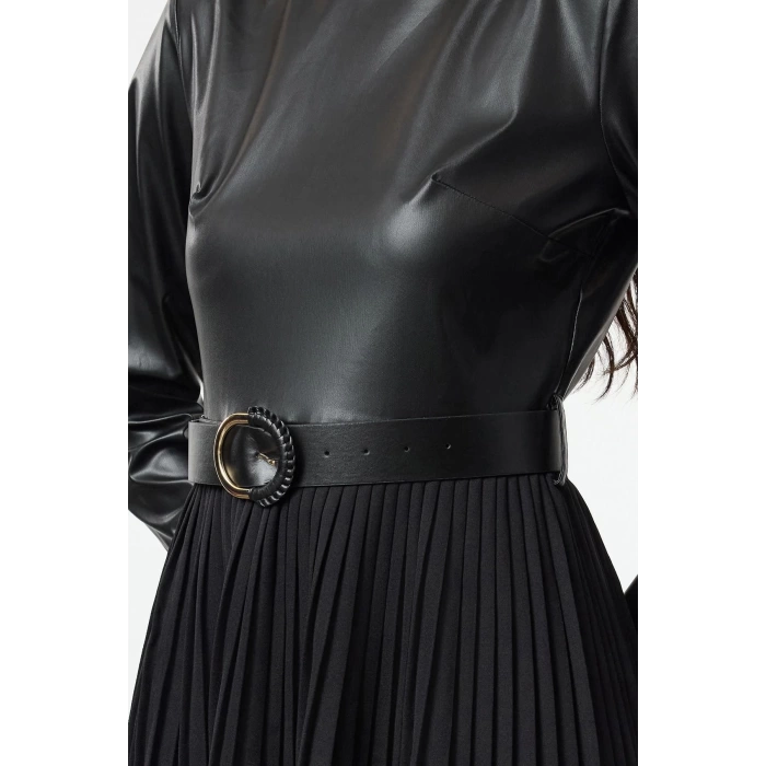 Women Fashion Stylish Midi Length Crew Neck Regular Belted Faux Leather Pleated A-Line Woven Dress