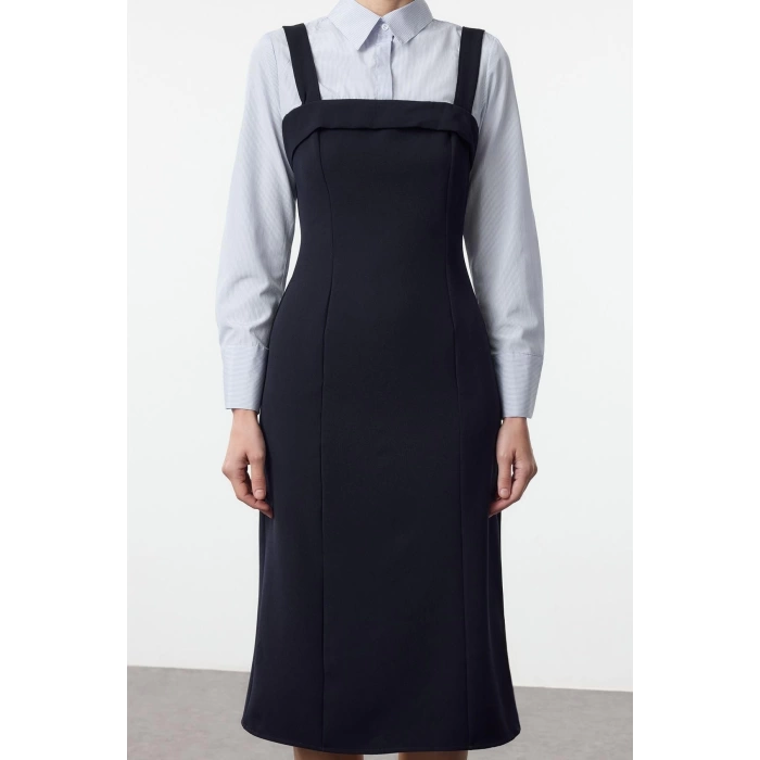 Women Fashion Stylish Mini Length Shirt Collar Regular Striped Shirt Detailed Body-Fitting Woven Dress