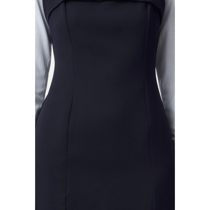 Women Fashion Stylish Mini Length Shirt Collar Regular Striped Shirt Detailed Body-Fitting Woven Dress