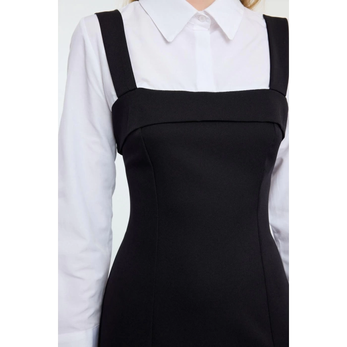 Women Fashion Stylish Mini Length Shirt Collar Regular Striped Shirt Detailed Body-Fitting Woven Dress