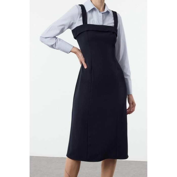 Women Fashion Stylish Mini Length Shirt Collar Regular Striped Shirt Detailed Body-Fitting Woven Dress