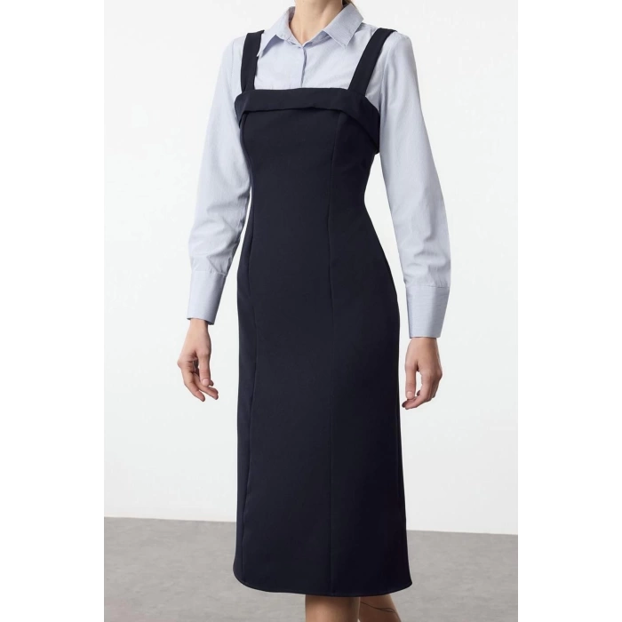 Women Fashion Stylish Mini Length Shirt Collar Regular Striped Shirt Detailed Body-Fitting Woven Dress
