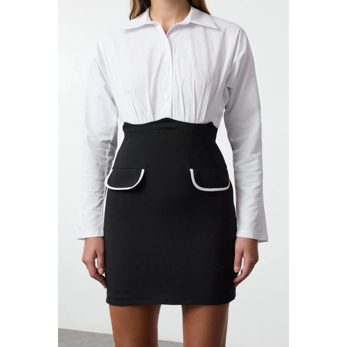 Womens Fashion Mini Length Shirt Collar Regular Pocket and Balloon Sleeve Detailed Fitted Body-Smoothing Woven Dress