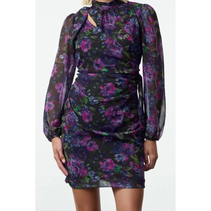 Women Fashion Mini Length Stand Collar Regular Floral Fitted Bodycon Lined Chiffon Woven Winter Dress