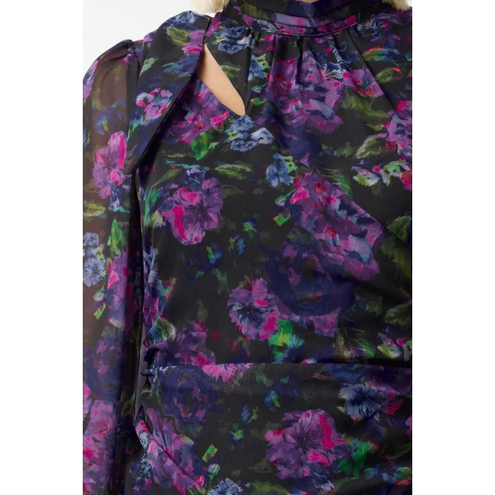 Women Fashion Mini Length Stand Collar Regular Floral Fitted Bodycon Lined Chiffon Woven Winter Dress