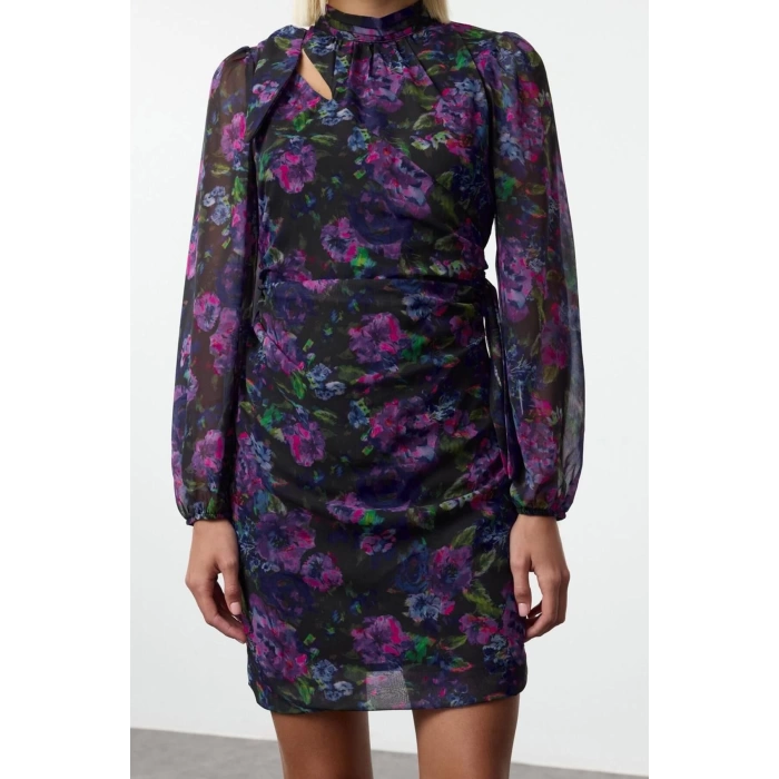 Women Fashion Mini Length Stand Collar Regular Floral Fitted Bodycon Lined Chiffon Woven Winter Dress