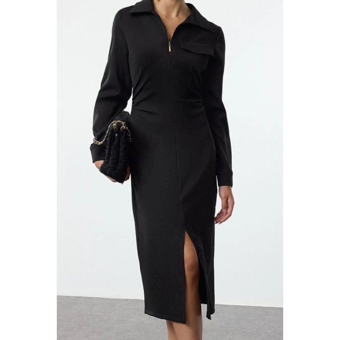 Women Fashion Stylish Midi Length Shirt Collar Regular Fitted Bodycon Woven Dress