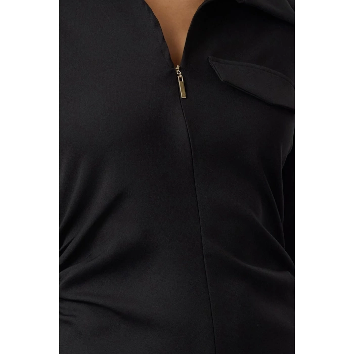 Women Fashion Stylish Midi Length Shirt Collar Regular Fitted Bodycon Woven Dress