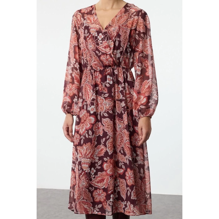 Women Fashion Chic Midi Length Double Breasted Relaxed Floral Collar A Cut Chiffon Lined Woven Dress