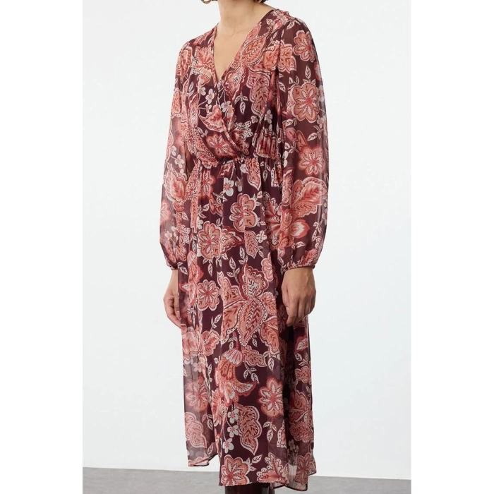 Women Fashion Chic Midi Length Double Breasted Relaxed Floral Collar A Cut Chiffon Lined Woven Dress