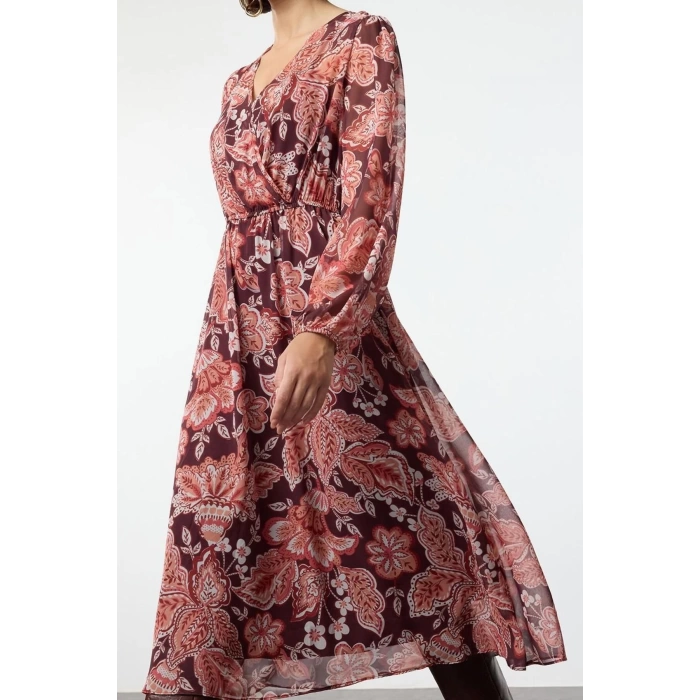 Women Fashion Chic Midi Length Double Breasted Relaxed Floral Collar A Cut Chiffon Lined Woven Dress