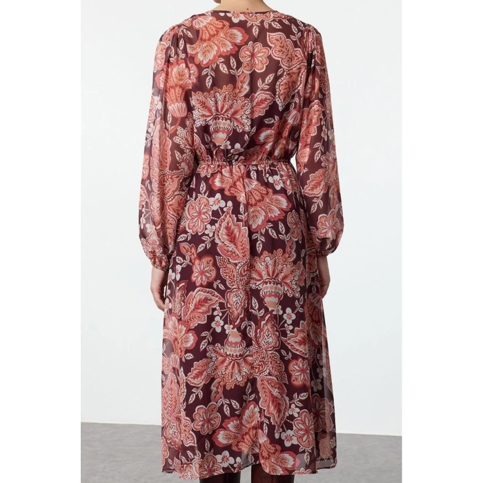 Women Fashion Chic Midi Length Double Breasted Relaxed Floral Collar A Cut Chiffon Lined Woven Dress