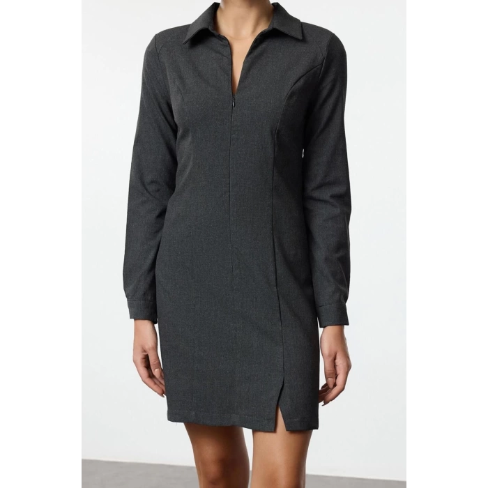 Women Fashion Stylish Mini Length Shirt Collar Regular A Cut Zipper Detailed Polyviscon Woven Dress