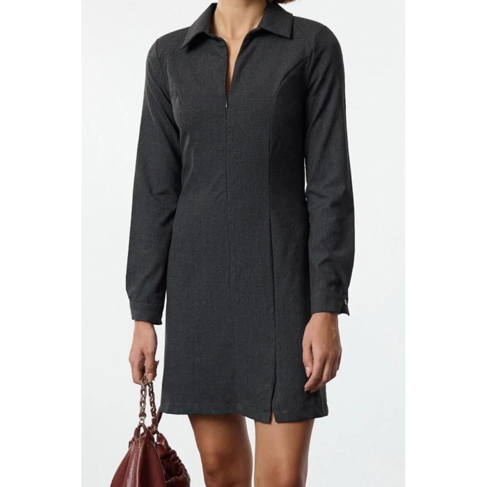 Women Fashion Stylish Mini Length Shirt Collar Regular A Cut Zipper Detailed Polyviscon Woven Dress