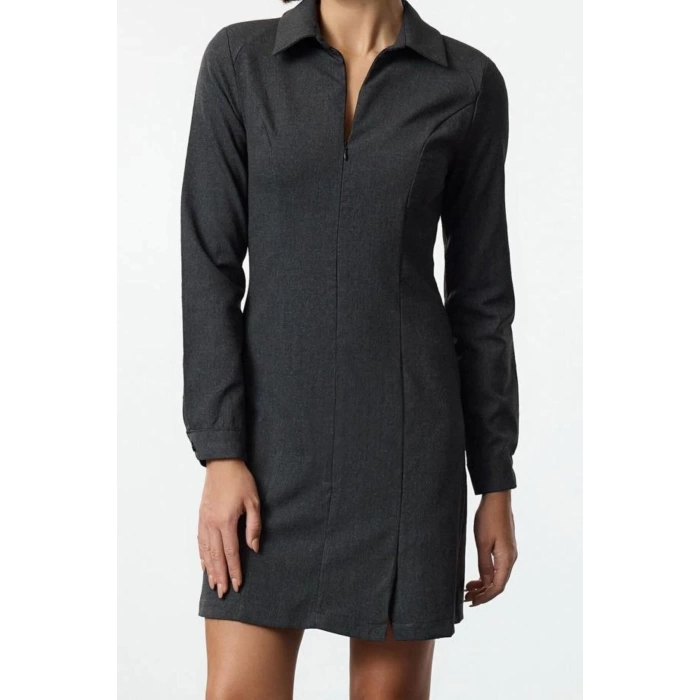 Women Fashion Stylish Mini Length Shirt Collar Regular A Cut Zipper Detailed Polyviscon Woven Dress