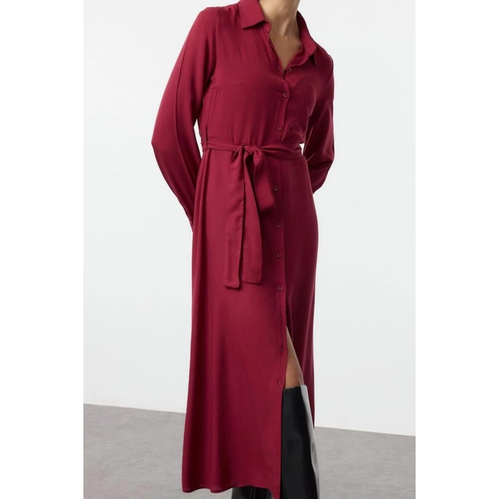 Women Fashion Stylish Midi Length Shirt Collar Relaxed Belted Viscose Woven Dress