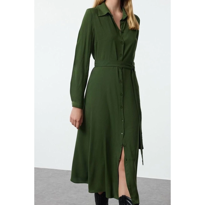 Women Fashion Stylish Midi Length Shirt Collar Relaxed Belted Viscose Woven Dress