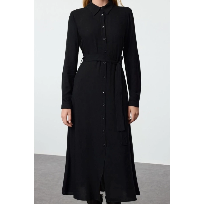 Women Fashion Stylish Midi Length Shirt Collar Relaxed Belted Viscose Woven Dress