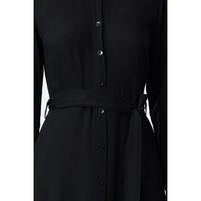 Women Fashion Stylish Midi Length Shirt Collar Relaxed Belted Viscose Woven Dress