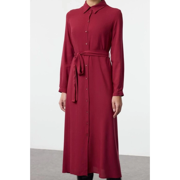Women Fashion Stylish Midi Length Shirt Collar Relaxed Belted Viscose Woven Dress