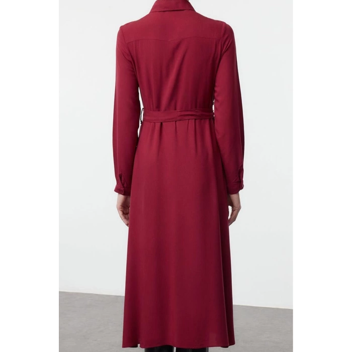 Women Fashion Stylish Midi Length Shirt Collar Relaxed Belted Viscose Woven Dress