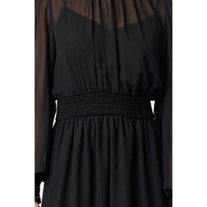 Women Fashion Stylish Midi Length Stand Collar Regular Plain Waist Open Gathered Chiffon Lined Woven Dress