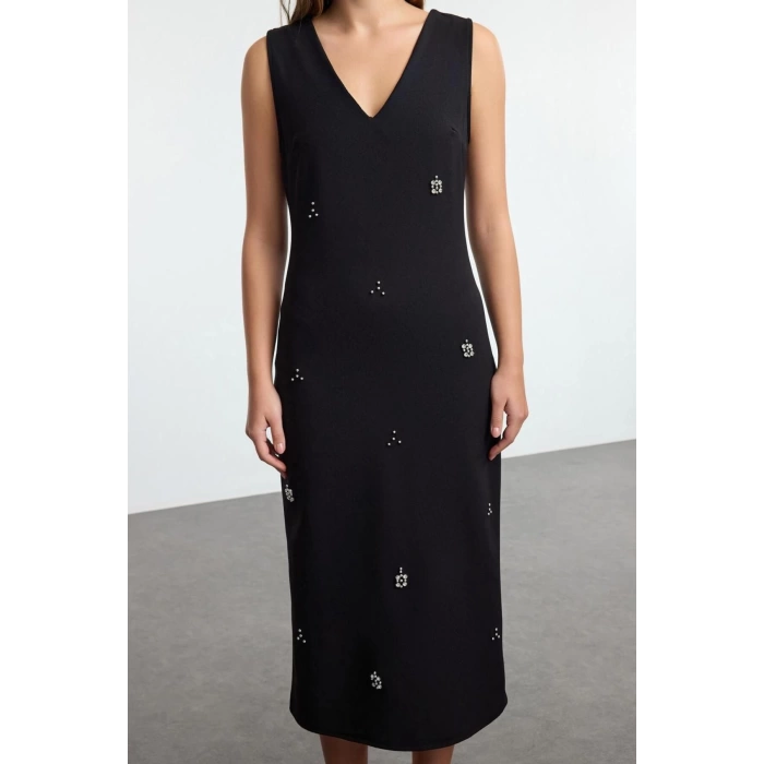 Women Fashion Stylish Midi Length V Neck Regular A Cut Stone Embroidered Vest Woven Dress