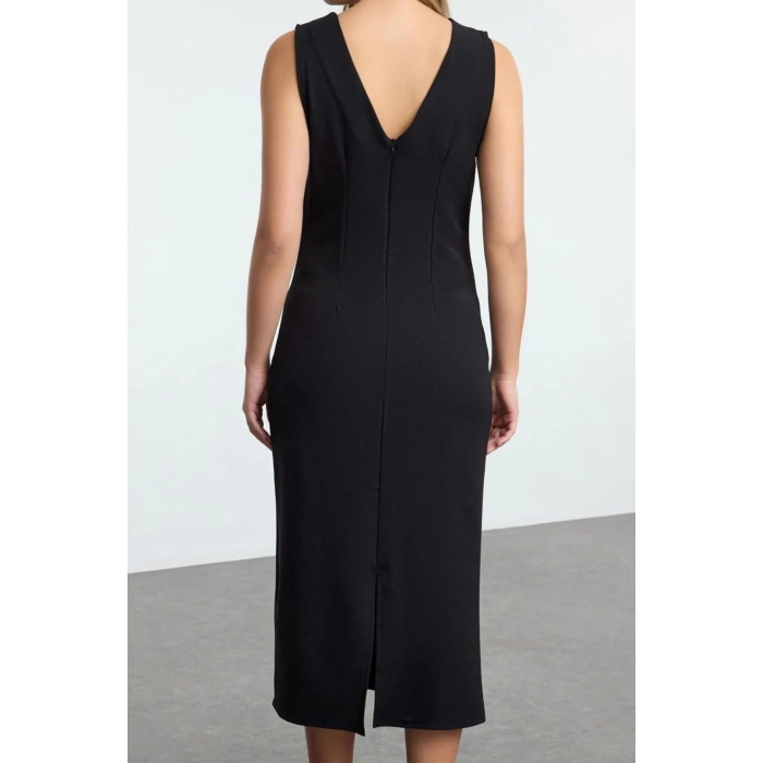Women Fashion Stylish Midi Length V Neck Regular A Cut Stone Embroidered Vest Woven Dress