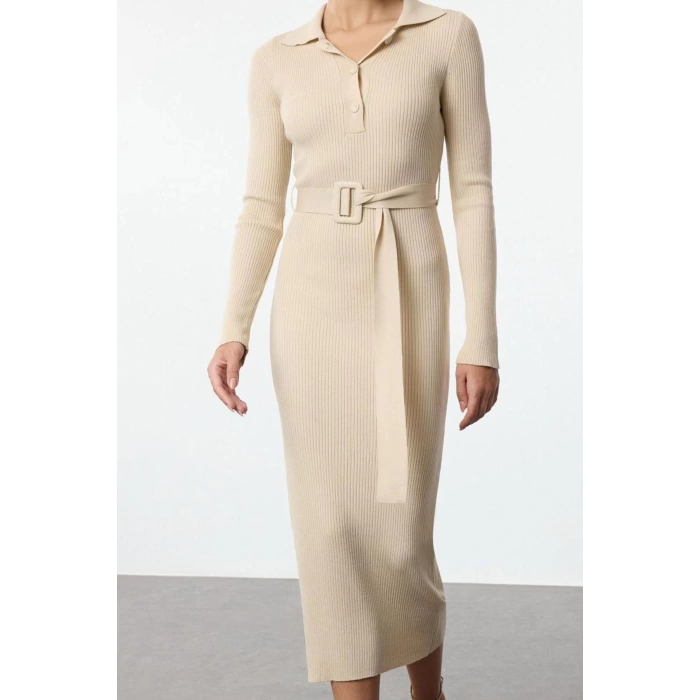 Women Fashion Stylish Midi Length Polo Neck Regular Belted Knit Dress