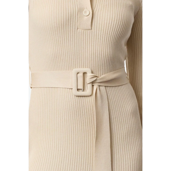 Women Fashion Stylish Midi Length Polo Neck Regular Belted Knit Dress