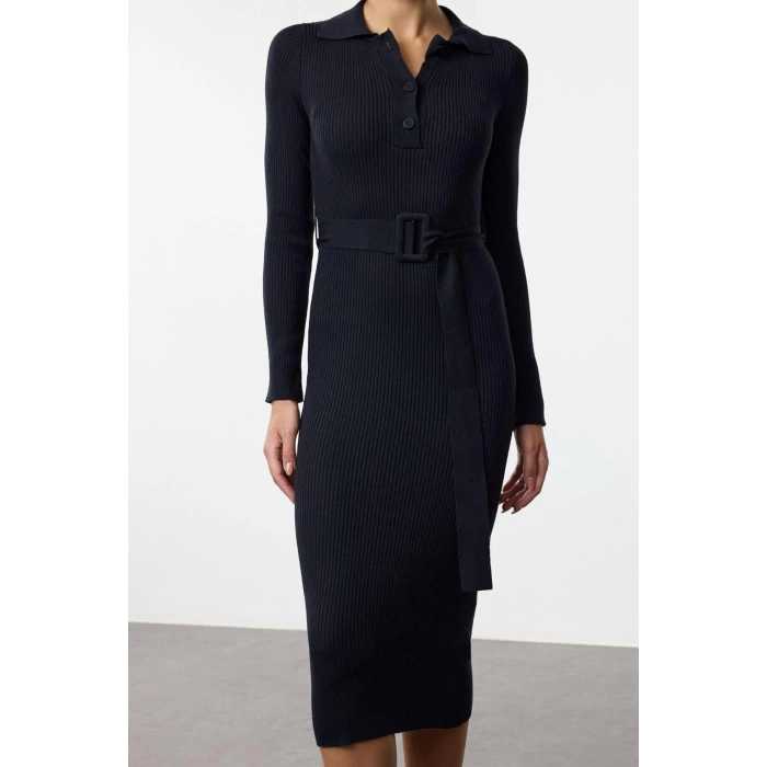 Women Fashion Stylish Midi Length Polo Neck Regular Belted Knit Dress