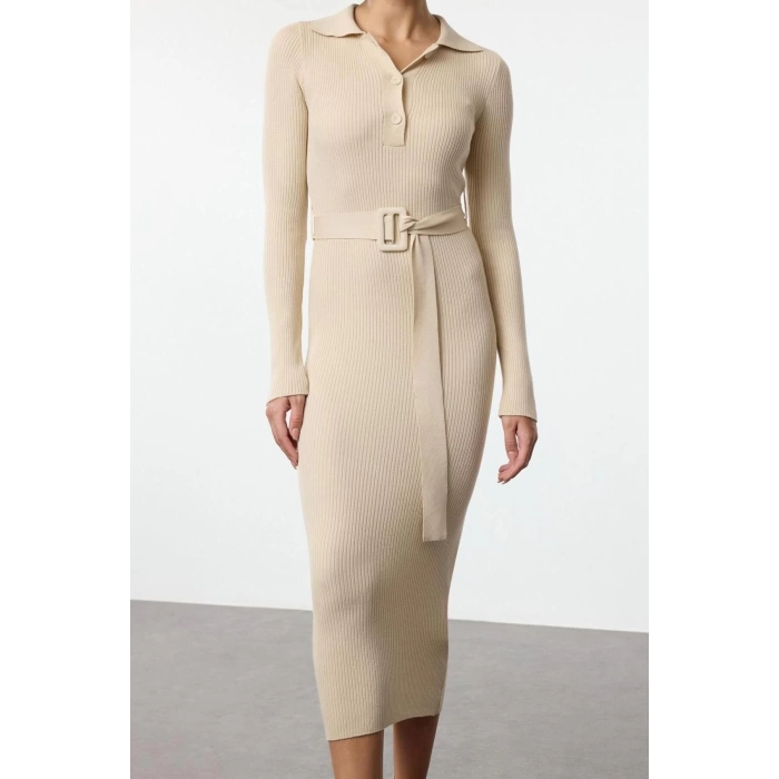 Women Fashion Stylish Midi Length Polo Neck Regular Belted Knit Dress