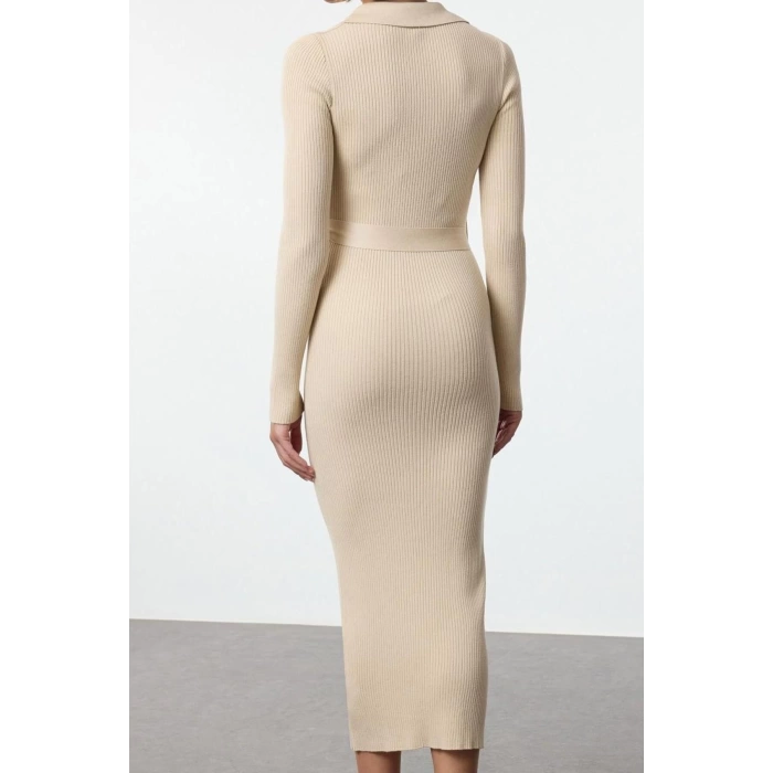 Women Fashion Stylish Midi Length Polo Neck Regular Belted Knit Dress