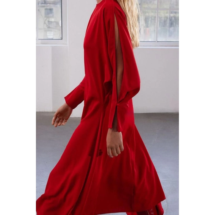 Womens Fashion Stylish Midi Length Crew Neck Regular Limited Edition Waist Open Crepe Fabric Woven Dress
