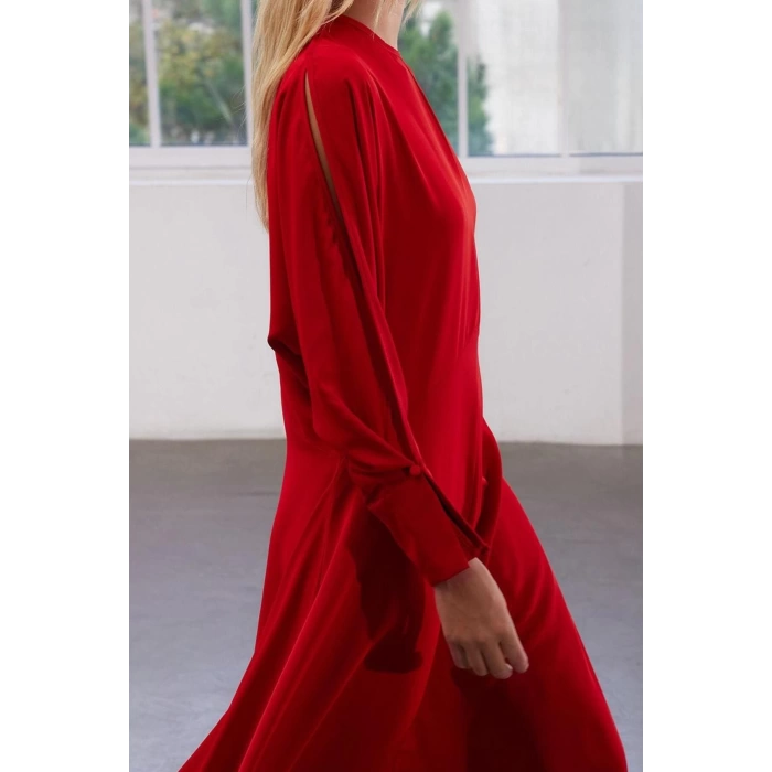 Womens Fashion Stylish Midi Length Crew Neck Regular Limited Edition Waist Open Crepe Fabric Woven Dress