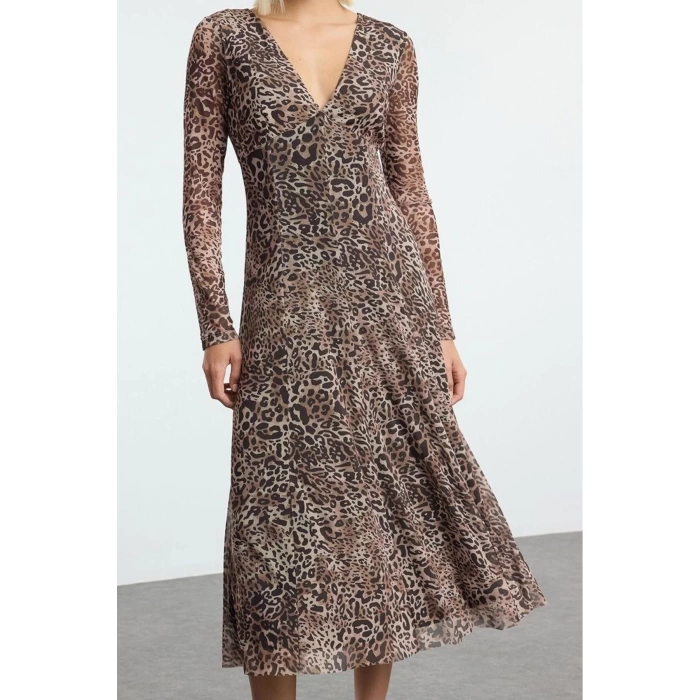 Women Fashion Stylish Midi Length V Neck Regular Animal Knitted Dress