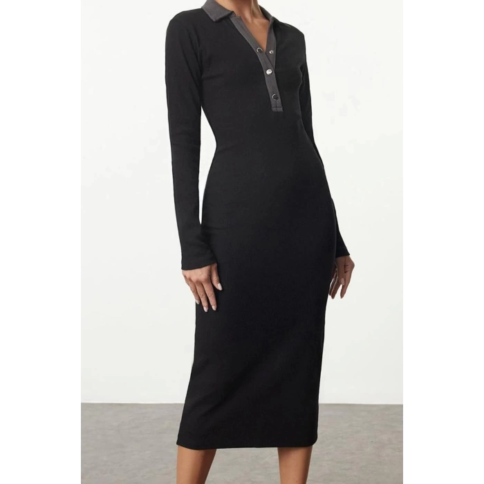 Women Fashion Midi Length Button Down Collar Slim Color Block Bodycone Fitted Snap Detail Knit Dress