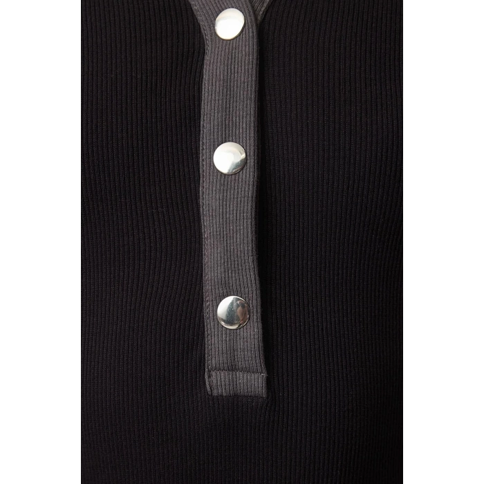 Women Fashion Midi Length Button Down Collar Slim Color Block Bodycone Fitted Snap Detail Knit Dress